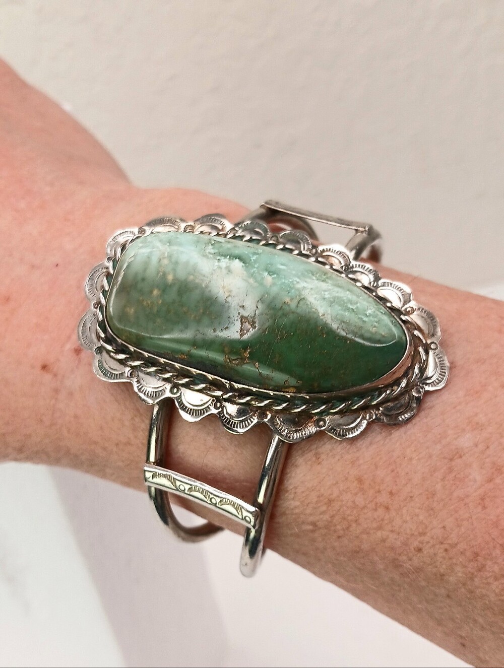 Cuff Bracelet 925 Royston 50mm Turquoise Green 48.6g Native American Signed VTG